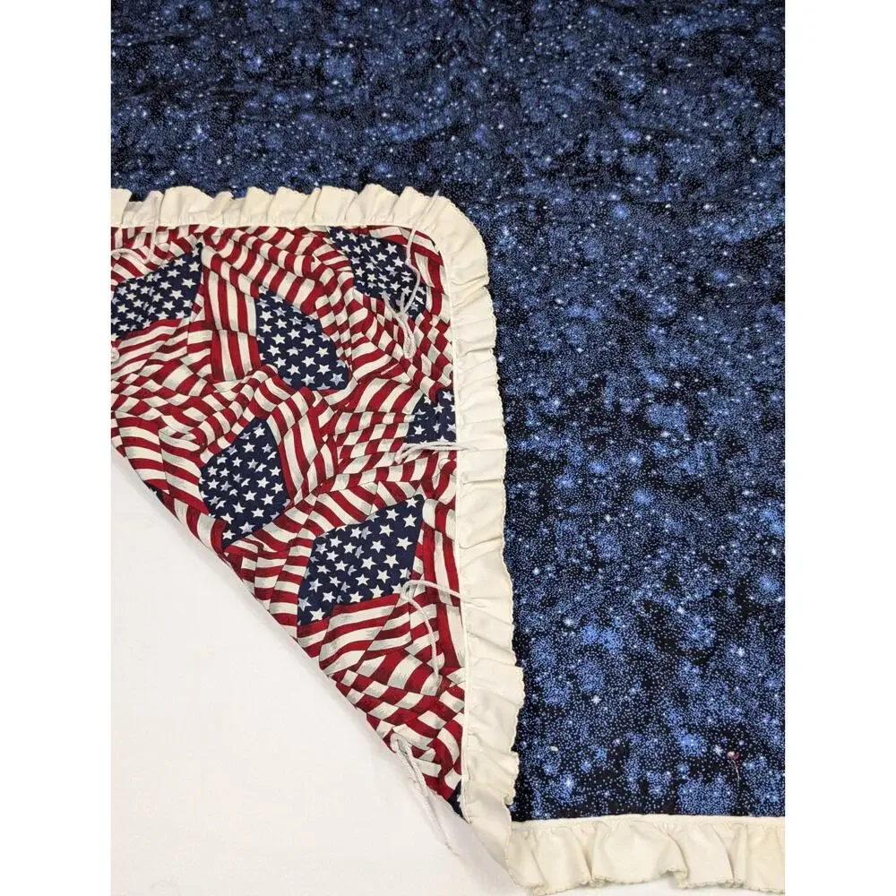 Vtg Handmade 2 Sided Patriotic Americana US Flag Solar System Blanket 44